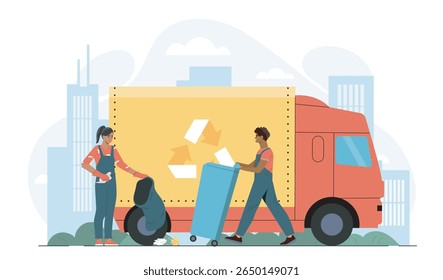 Two workers collecting garbage and recyclable waste beside a red recycling truck with a recycle sign, in flat cartoon style, on urban city background. Vector illustration