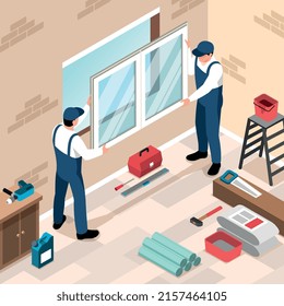 Two workers with construction tools installing new plastic windows in house 3d isometric vector illustration