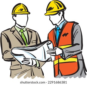 dos trabajadores arquitectos de construcción carreras profesiones equipo de búsqueda de planos de ilustración vectorial