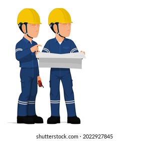 Two workers are discussing about engineering drawing.