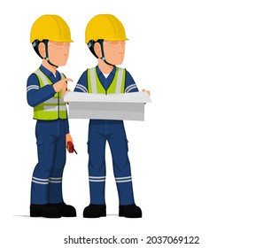 Two workers are discussing about engineering drawing.