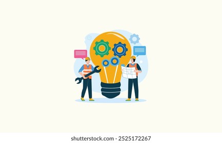 Two workers discussing ideas while building a light bulb with gears.