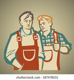 Two workers discussing the ways to achieve greater productivity in manufacturing vector illustration