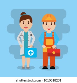 two workers female doctor with kit fist aid and foreman construction toolbox
