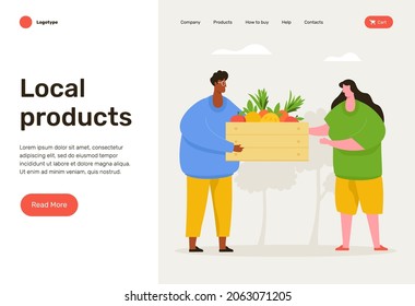 Two workers are gathering the local products harvest. Web page design. 