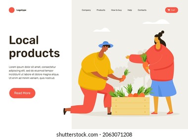 Two workers are gathering the local products harvest. Web page design. 