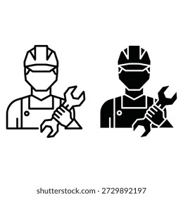 Dos trabajadores con cascos y llaves mecánicas de construcción en línea blanca y negra