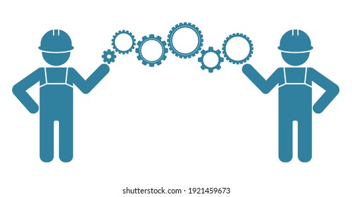 two workers in helmet with gear mechanism teamwork icon