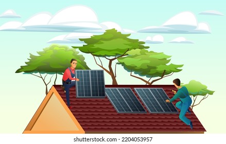 Two Workers Install Solar Panels On Roof. Alternative Energy. Renewable Sources Of Electrical Energy. Workers Work On Roof. Against Backdrop Of Trees And Sky. Service Illustration Vector