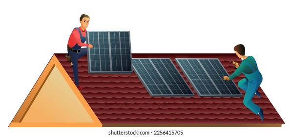 Two workers install solar panels on roof. Alternative energy. Renewable sources of electrical energy. Workers work on roof. Service illustration Isolated on white background. Vector.