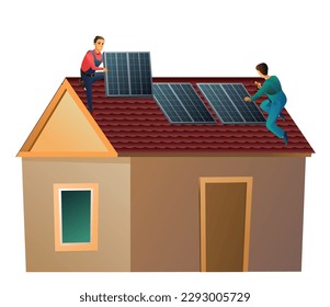 Two workers install solar panels on roof. Alternative energy. Renewable sources of electrical energy. Workers work on roof. Small house and two workers. Service illustration Isolated on white