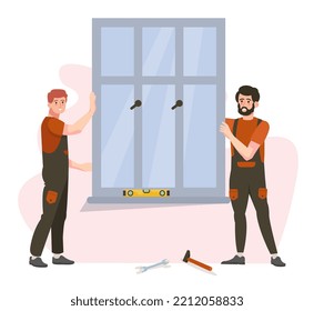 Two workers installing pvc windows. Windows replacement, renovation. Professionals renovating windows. Service. Advertisement, banner. Flat vector illustration.