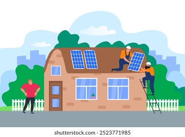 two workers installing solar panels on the roof of house renewable energy concept vector illustration