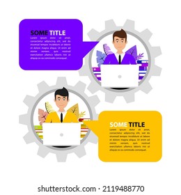 Two workers with a laptop in a gear. Communication. Vector illustration