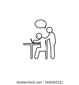 Two workers, laptops, conversation icon. Simple thin line, outline vector of People icons for UI and UX, website or mobile application