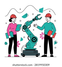 Two workers with laptops and safety gear interact with a robot arm in an industrial setting