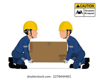 Two workers is lifting a big box on the floor