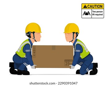 Two workers is lifting a big box on the floor