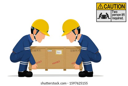 Two Workers Is Lifting The Heavy Wooden Crate
