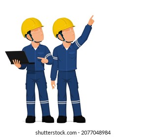 Two workers are  looking at high
