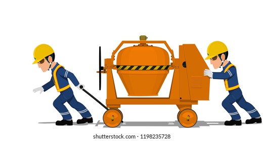 Two workers are moving the concrete mixer on transparent background