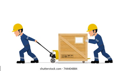 Two workers are moving a heavy wooden container by the pallet truck on transparent background
