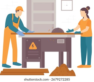dois trabalhadores operando mesa circular serra para cortar conceito de prancha de madeira, hobbyists trabalhando em woodshops vetor design, carpinteiro banner, woodworker workshop cena, comerciante e artesãos ilustração