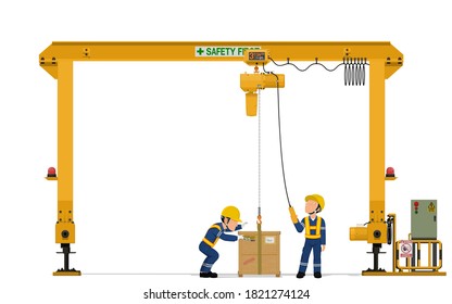 Two workers are operating gantry crane on white background
