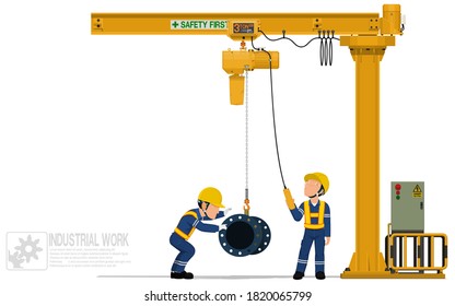 Two workers are operating jib crane on white background
