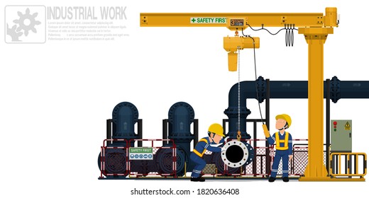 Zwei Arbeiter betreiben einen Krankran für die Instandhaltungspumpenanlage
