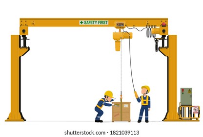 Two workers are operating overhead crane on white background
