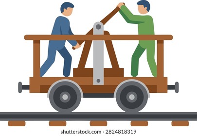 Two workers operating a vintage railroad handcar. Flat illustration of two men in work clothes pumping a wooden handcar along railway tracks. Ideal for historical education or railway maintenance concepts.