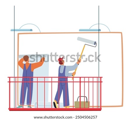 Two Workers Preparing An Outdoor Advertising Billboard. One Worker Is Applying A Poster While The Other Is Painting On Platform With Tools And Equipment. Cartoon Vector Scene Of Construction Teamwork