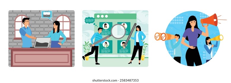 Two workers in a professional environment shaking hands over a laptop, happy woman hired. Two professional people selecting suitable candidates for a role. Employee Recruitment.  