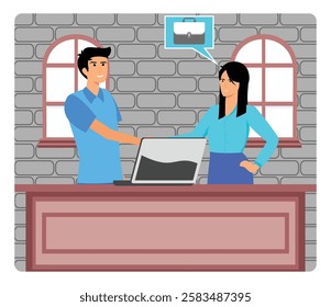 Two workers in a professional environment shaking hands over a laptop, happy woman hired. The office space features a modern and relaxed design with brick walls. Flat vector modern illustration