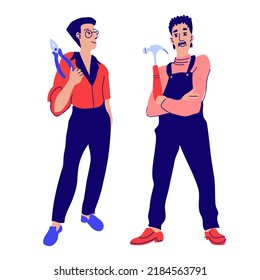 Dos trabajadores reparadores están parados con alicates y un martillo. Dibujo de Doodle vectorial moderno