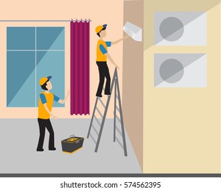 Dos trabajadores reparando el aire acondicionado en el apartamento. profesionales que trabajan con equipos