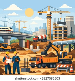 Two workers in safety gear operating a large yellow excavator at a construction site