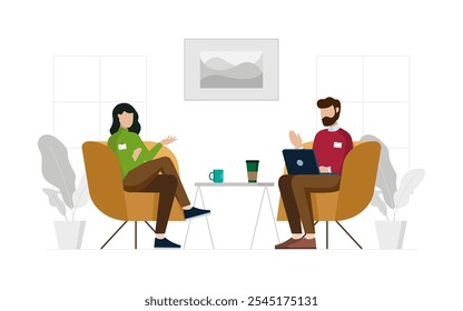 Dos trabajadores se sientan en una oficina o salón minimalista moderno que indica una reunión o discusión profesional casual. Ilustración vectorial plana aislada sobre fondo blanco.