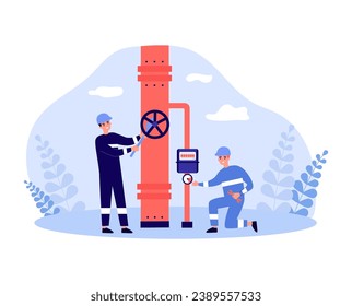 Dos trabajadores con francotiradores bloqueando la línea de gas. Ilustración vectorial plana. Problemas con el suministro de gas, crisis energética, concepto de sanciones