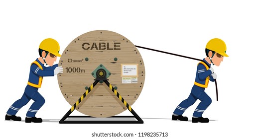 Two workers are spreading  the cable on transparent background