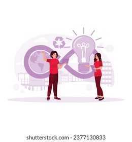 Two workers stand exchanging ideas about the future economy. Circular economy icon behind it. Circular Economy concept. Trend Modern vector flat illustration