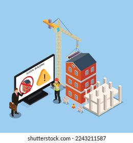 Two workers standing in construction site with Illegal buildings text on monitor isometric 3d vector illustration concept for banner, website, illustration, landing page, flyer, etc.