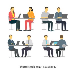 Two Workers At The Table. Business People Set Office Sit Desk. Businesspeople Working. Pair Of Managers Couple