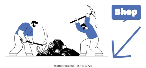 Two workers with tools mining digital currencies depicted in a modern, simplistic style. Speech bubble with word shop and arrow. Ideal for cryptocurrency, blockchain, e-commerce, mining, investment