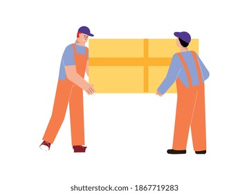 Dos trabajadores uniformados portando una ilustración vectorial plana de caja grande