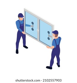 Dos trabajadores uniformados portando nueva ventana pvc Icono isométrico Icono 3d ilustración vectorial
