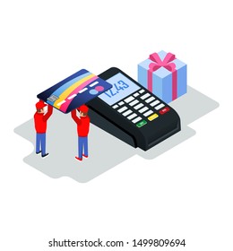 Two workers in uniform keeping bank or credit card on POS machine for cashless transfers for purchases.  Isometric vector illustration.