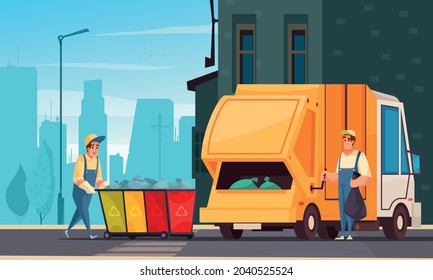 Two workers in uniform loading waste from trash containers into garbage truck cartoon vector illustration