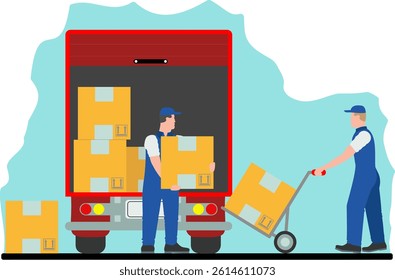 Two workers unload a van.